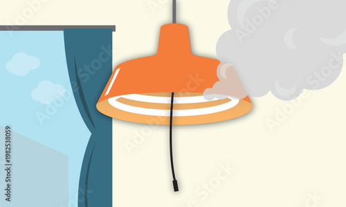 煙が出ている室内の吊り下げライトと窓際の風景