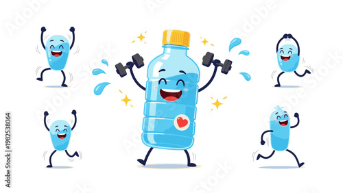 A cartoon water bottle with a smiling face and six smaller droplets exercising around it with dumbbells and sweat drops on a white background with a playful mood.