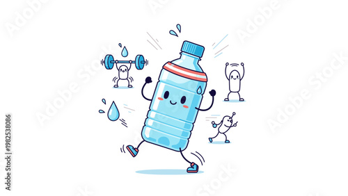 Cartoon illustration of a smiling water bottle character running with fitness icons and sweat drops on a white background.