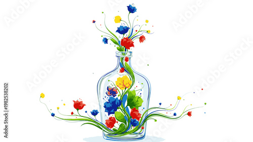 Illustration of a colorful glass vase with flowers and petals floating around it on a white background with a whimsical feel.