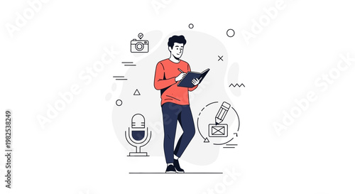Man writing in notebook with camera, microphone, and email icons, concept of content creation