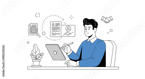 Man working on tablet with business graphics and handshake icon