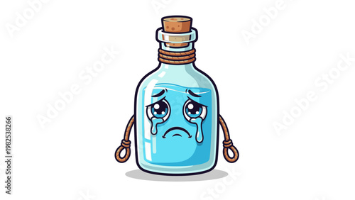 A cartoon illustration of a sad blue potion bottle with a tearful face and a brown stopper on a white background.