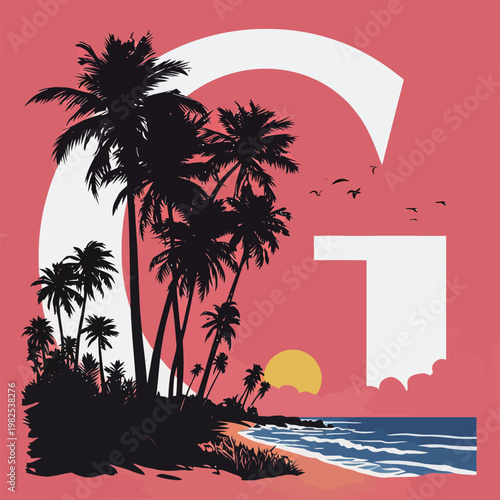 Tropical Island with Palm Trees and Sunset in Letter G