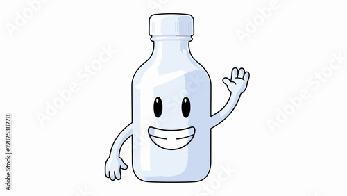 A cartoon illustration of a smiling medicine bottle with arms and a cheerful expression waving against a plain white background.