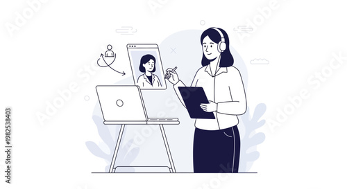 Online meeting with headphones, laptop, and tablet, remote work concept