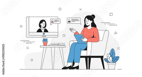 Online therapy session: woman talking to therapist via video call on laptop