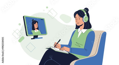 Online Therapy Session: Woman with Headphones Consults Patient via Video Call