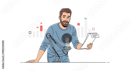 Podcaster Speaking into Microphone with Charts Background