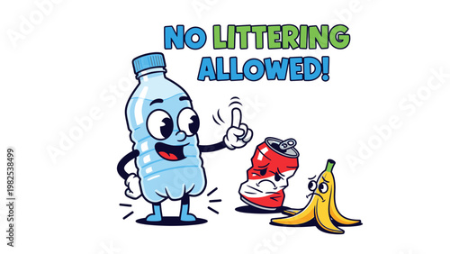 Cartoon illustration of a smiling plastic water bottle character pointing upwards next to a banana peel and a soda can with a 'No Littering Allowed!' sign against a clean white background.
