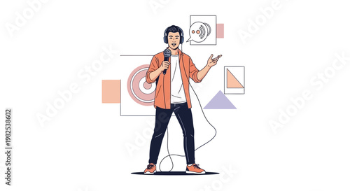 Podcaster with Microphone and Headphones, Engaging in Live Audio Broadcast