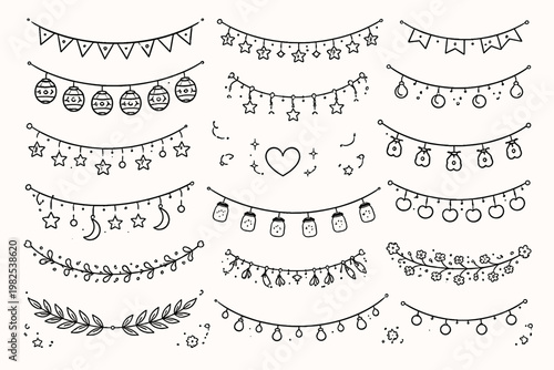 Hand Drawn Line Art Decoration Set with Garlands, String Lights, Bunting, Stars, Moons, Hearts, and Floral Swags for Celebrations, Weddings, Parties, Holidays, and Whimsical Graphic Design Assets.
