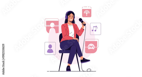 Podcaster with Microphone and Headphones, Sitting, Surrounded by Icons