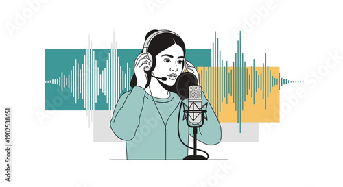Podcaster Woman with Headphones and Microphone, Sound Waves Graphic