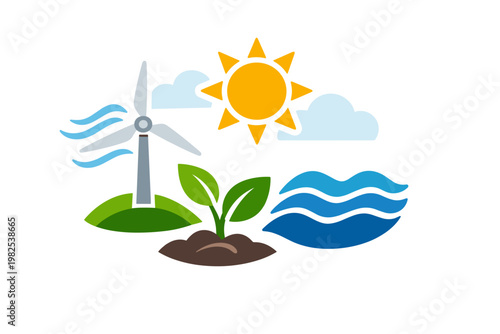 Renewable energy icons representing sustainable power sources like wind turbine, solar sun, water waves, and green plant growth for environmental protection and eco-friendly lifestyle concept.