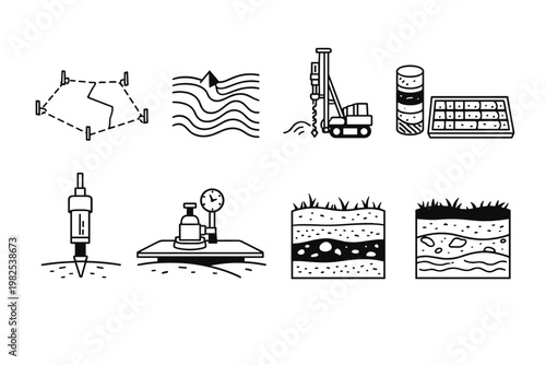 Geotechnical Engineering and Site Survey Line Icon Set Featuring Boundary Plot, Topographic Contours, Drilling Rig, Soil Core Samples, Penetrometer Test, Plate Load Gauge, and Geological Stratigraphy.