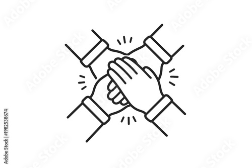 Teamwork and collaboration line art icon showing four hands joined together in a circle, representing unity, partnership, mutual support, and community cooperation for business success and goals.