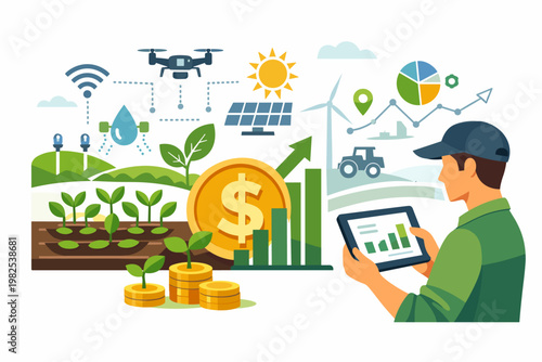 Modern Farmer Using Tablet for Smart Agriculture Management with Drone, Solar Panels, and Wind Turbines, Representing Sustainable Farming Financial Growth, Investment, and Agritech Solutions
