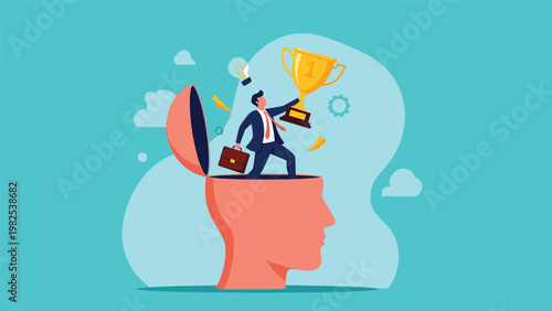 Successful businessman emerging from an open human head while holding a victory trophy representing mental achievement and winning mindset.