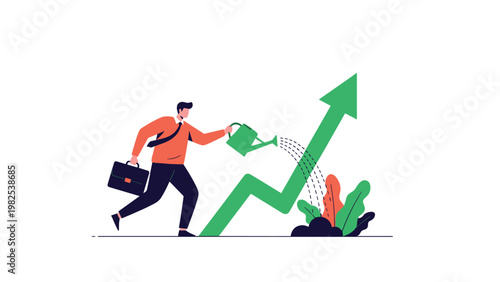 Hardworking professional watering a rising green arrow as if it were a plant representing nurturing business growth and investment care.