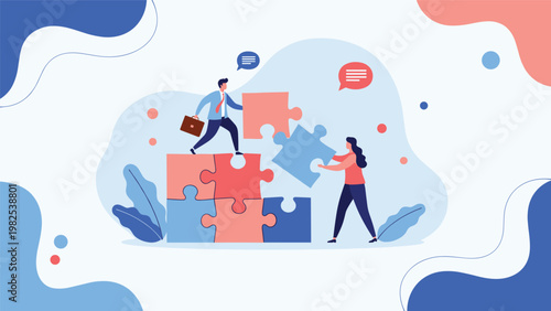 Business team collaborating to build structure with large colorful puzzle pieces symbolizing partnership and problem solving.