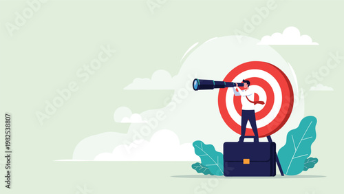 Focused professional standing on briefcase using telescope to aim at bullseye target for strategic goal achievement and vision.