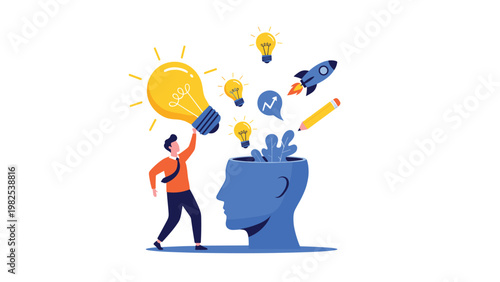 Creative thinker holding bright lightbulb over giant head with flying icons representing innovation, startup, and artistic ideas.