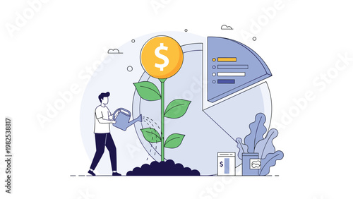Investor watering growing money plant with large dollar sign against pie chart backdrop for financial portfolio diversification.