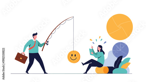 Businessman using fishing rod to catch happy face coin held by woman representing customer satisfaction and positive engagement.