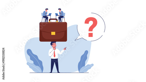 Concerned businessman thinking under heavy burden of giant briefcase with tiny workers representing excessive workload and stress.