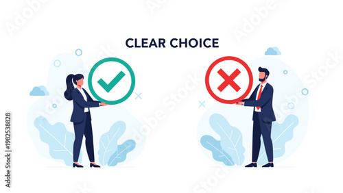 Professional man and woman holding green checkmark and red cross symbols for clear choice and effective decision making process.