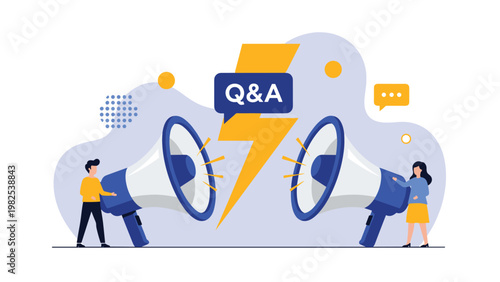 Professionals using large megaphones for public Q&A session with lightning bolt representing rapid communication and answers.