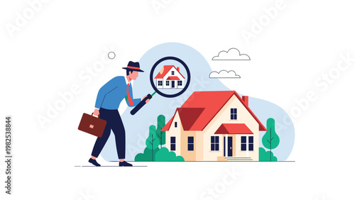 Real estate agent using magnifying glass to inspect detailed house models for professional property evaluation and home search.
