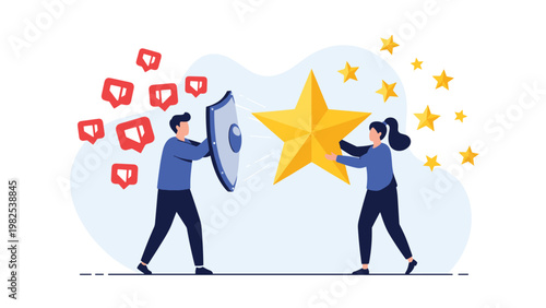Dedicated team protecting business reputation star with shield from negative social media feedback and online criticism.
