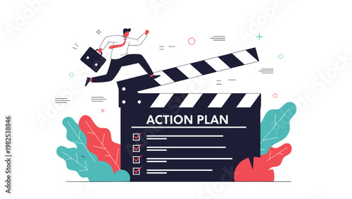 Motivated businessman jumping from giant clapperboard to start action plan and execute project goals with strategic checklist.
