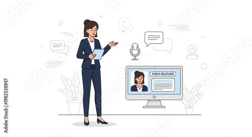 Public Relations Professional Presenting Online with Digital Tools and Communication Icons