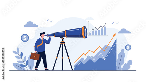 Visionary professional using large telescope to monitor rising financial bar chart and predict future market growth trends.