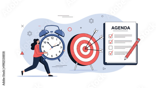 Efficient woman running with giant alarm clock towards target and agenda checklist for effective time management and productivity.