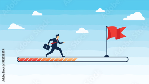 Determined businessman running along progress loading bar to reach the final red flag goal for successful project completion.