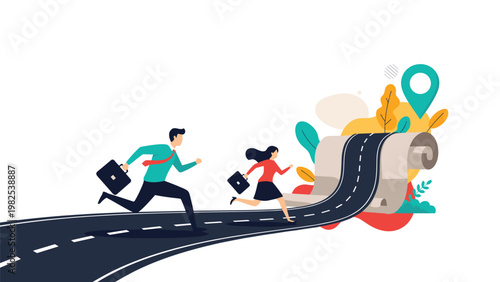 Collaborative team running on unrolling road towards a map pin representing business journey and strategic path to success.