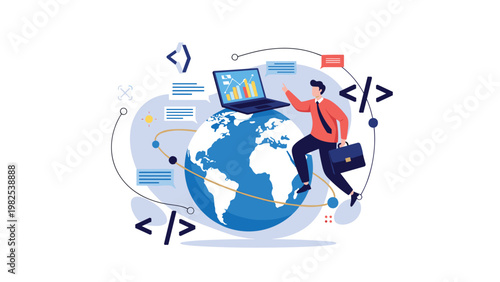 Global software developer running on earth globe with laptop and code symbols representing international IT and tech services.