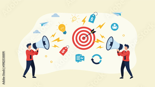 Two marketing professionals using large megaphones to aim messages at a central bullseye target for advertising campaign success.