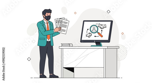 Recruitment concept: Man with CVs and computer showing hiring process icons