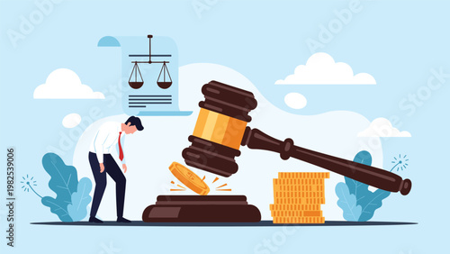 Defeated businessman standing next to a giant judge's gavel and stacks of coins represents legal battles, bankruptcy, or financial lawsuits.