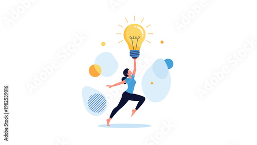 Enthusiastic woman leaping into the air while holding a giant glowing lightbulb represents a breakthrough idea and creative inspiration.