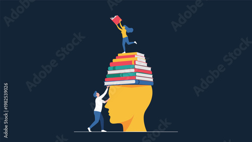 Tiny people placing books on top of a giant human head represents the continuous process of learning, education, and knowledge acquisition.