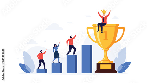 Team of professionals climbing blocks arranged as stairs to reach a giant golden trophy represents collective effort and career success.
