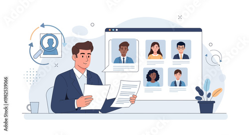 Recruitment process: man reviewing candidate profiles on a computer screen