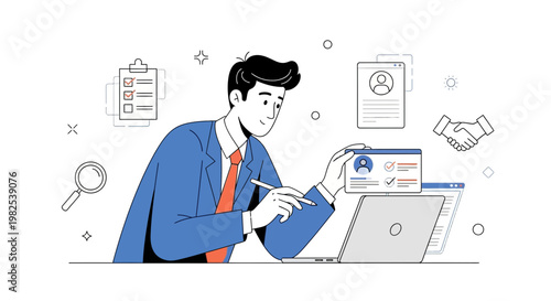 Recruitment Process: Man Analyzing Candidate Profile on Laptop for Hiring