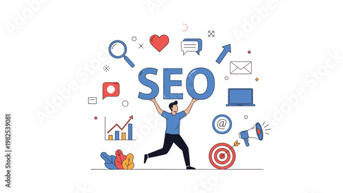 Dedicated professional holding up giant SEO letters surrounded by digital marketing icons symbolizes search engine optimization strategies.